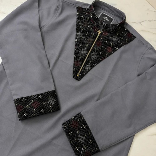Premium Ash  Embroidered Panjabi